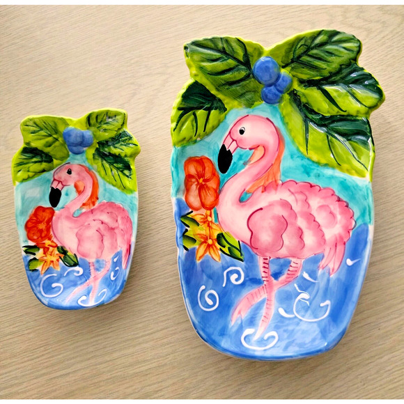 DISHES-HAUSENWARE-Trinket-Serving-Flamingo-Pink-Tropical-Embossed-SET OF 2 - Picture 1 of 15